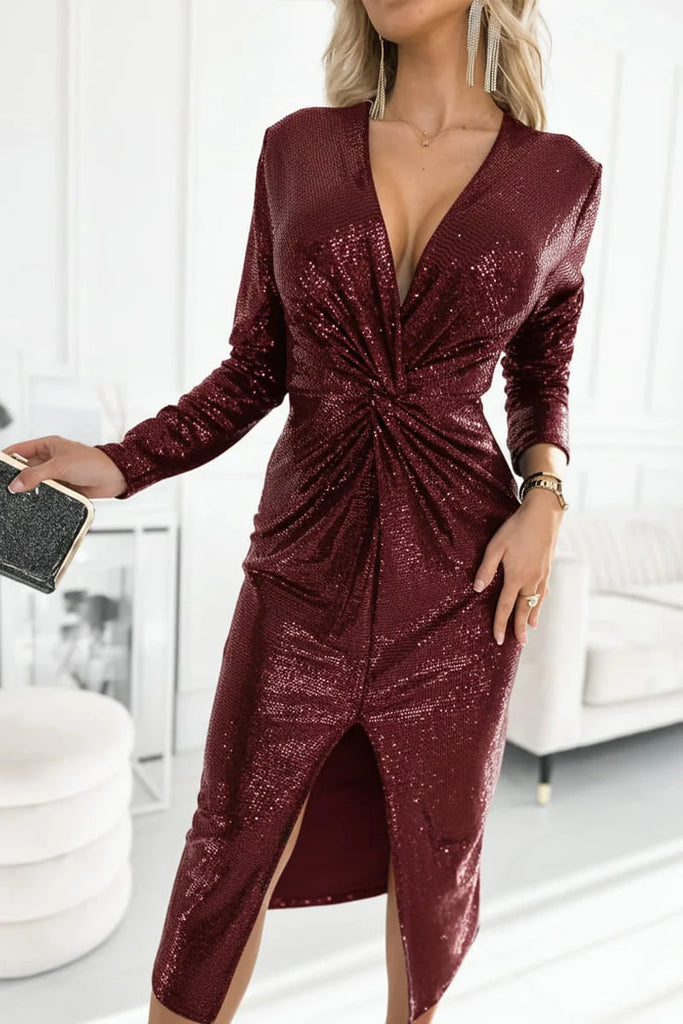 Women’s Sequin Twist-Front V-Neck Slit Midi Dress