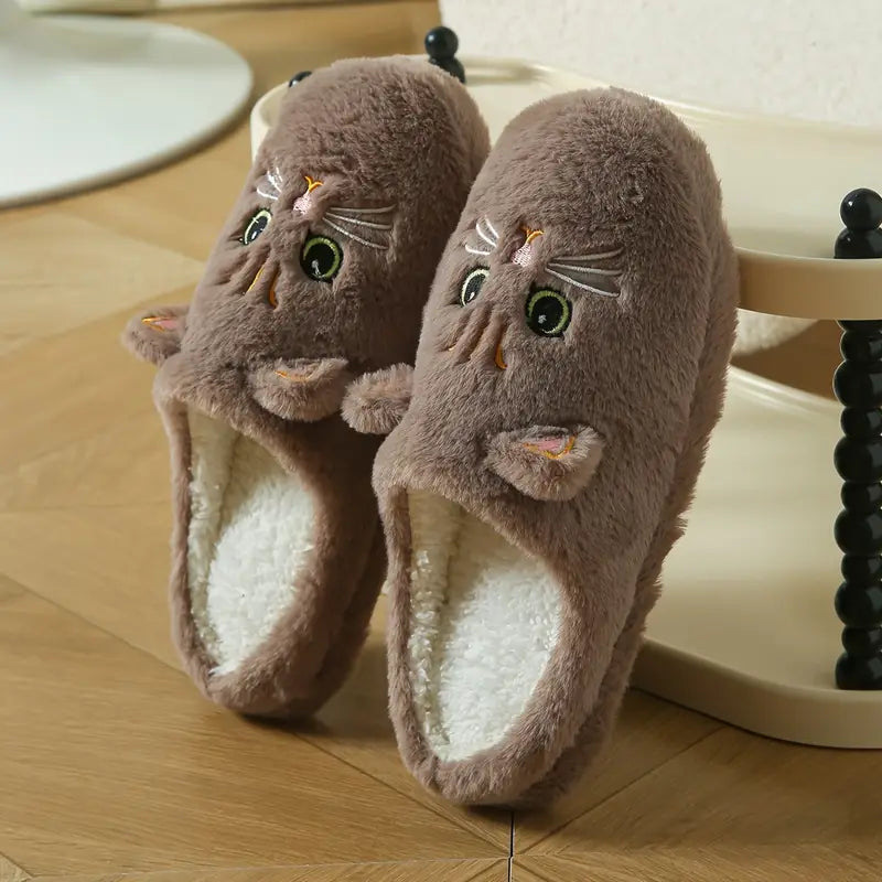 Women’s Cat Face Plush Fleece-Lined House Slippers