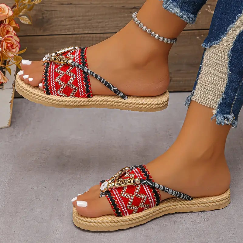 🌸 Boho Ethnic Beaded Strap Flat Sandals