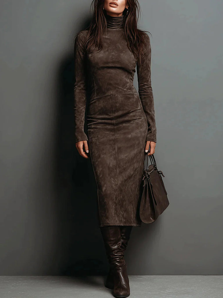 Women’s High Neck Suede-Effect Long-Sleeve Midi Dress
