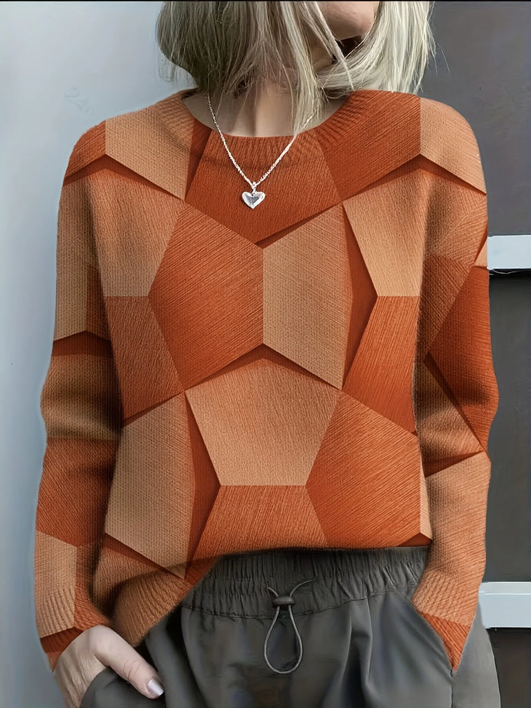 Knitted 3D Geometric Print Sweater