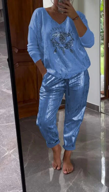 Women’s Metallic Lounge Two Piece Set with V Neck Top