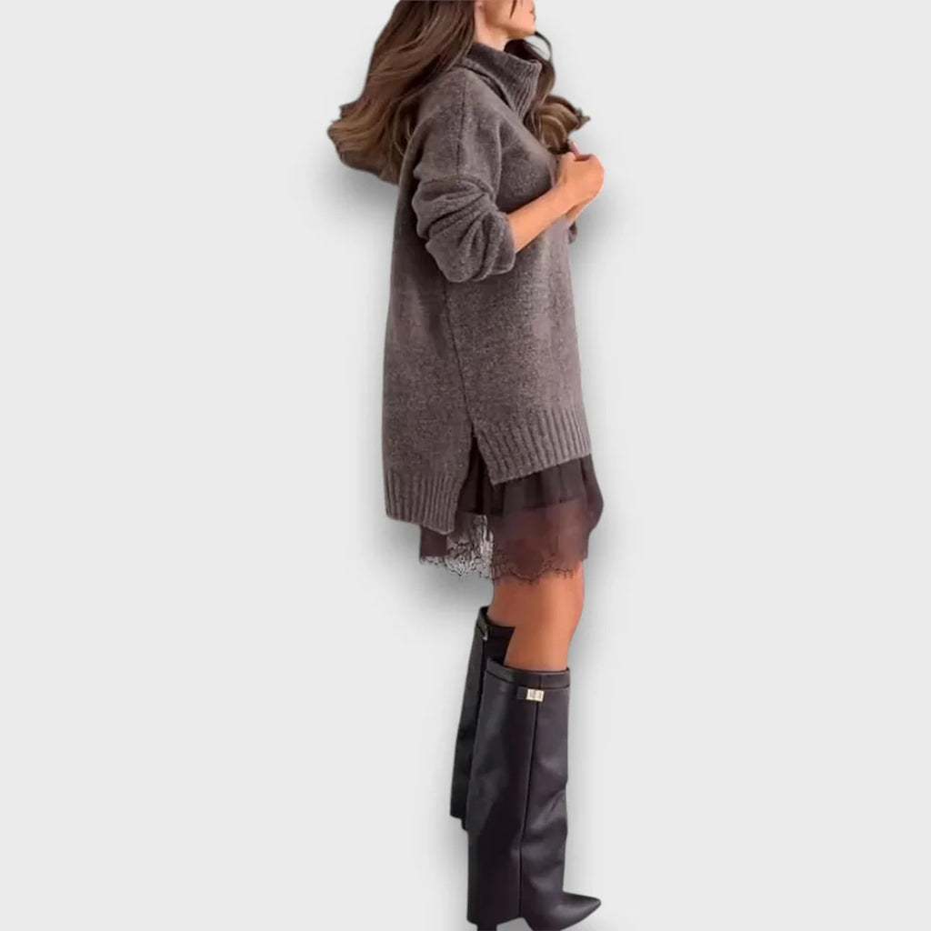 Women’s Knit Turtleneck Jumper and Lace Hem Slip Dress Set