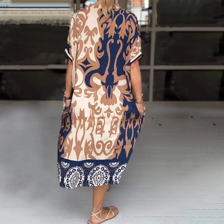 Printed V-Neck Loose Midi Dress