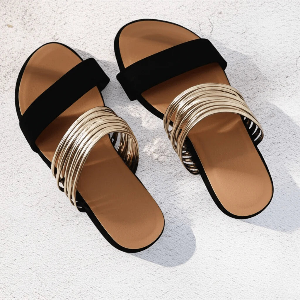 Gold Accent Open-Toe Flat Sandals