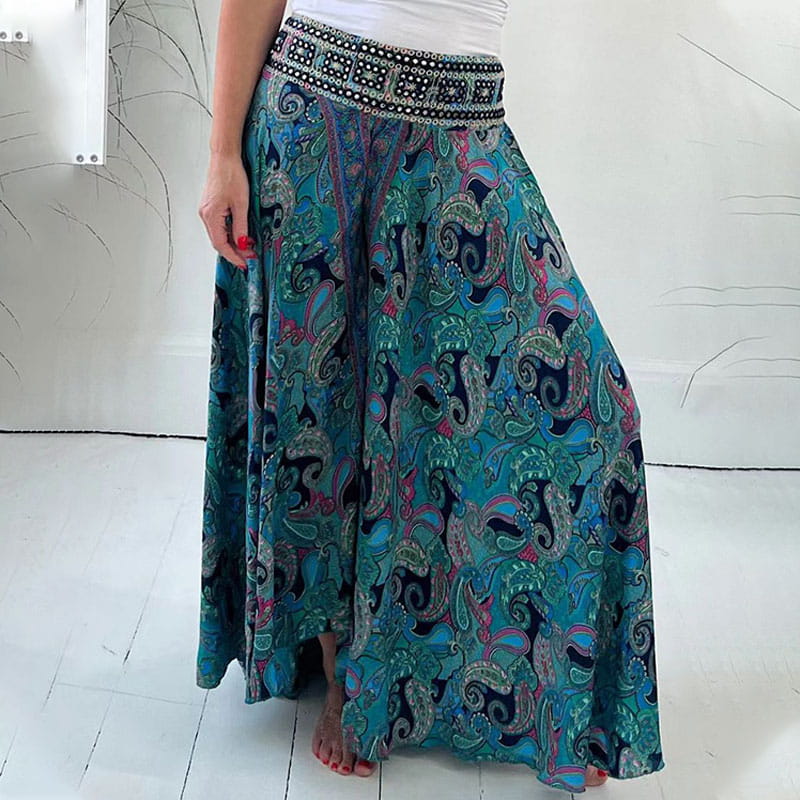 Women’s Elastic Waist Wide Leg Ethnic Print Trousers