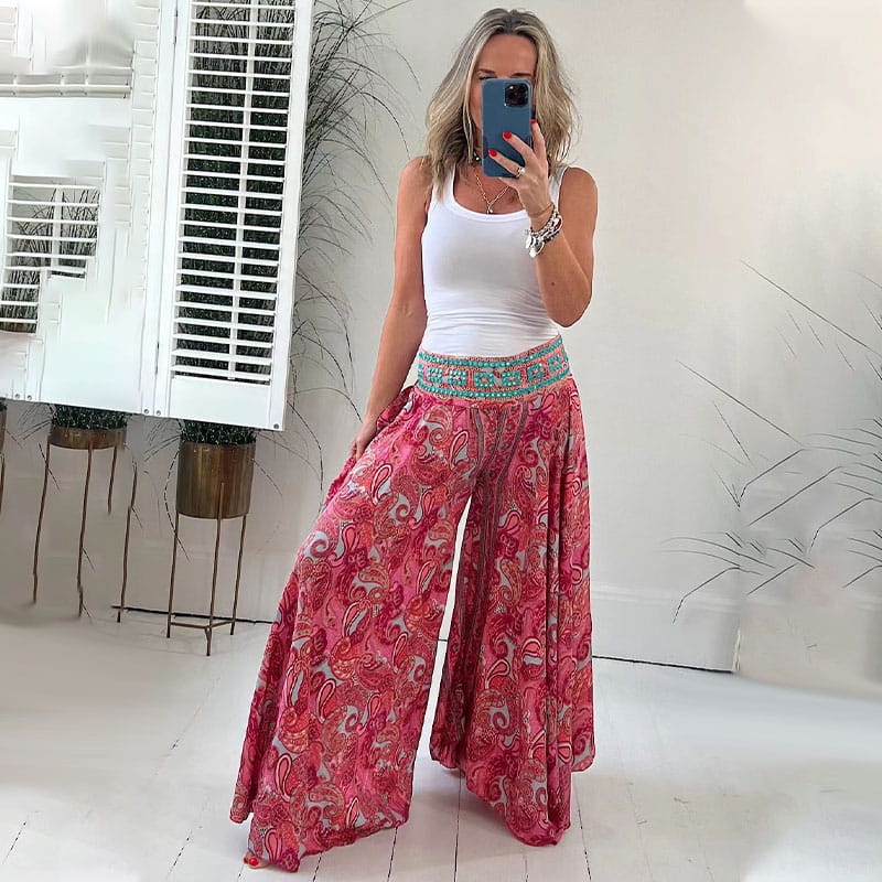 Women’s Elastic Waist Wide Leg Ethnic Print Trousers