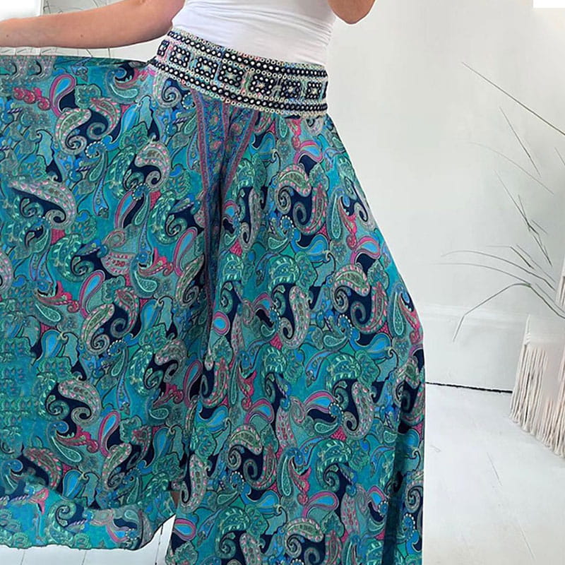 Women’s Elastic Waist Wide Leg Ethnic Print Trousers