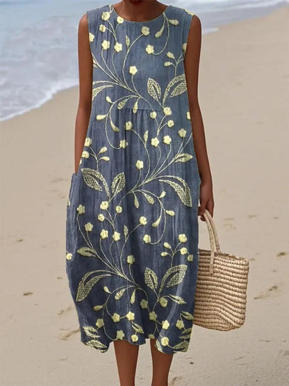 Women's sleeveless floral print dress, cotton and linen