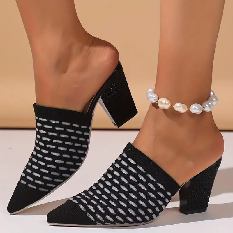 Women's Knit Heeled Mule Sandals: Chunky High Heels