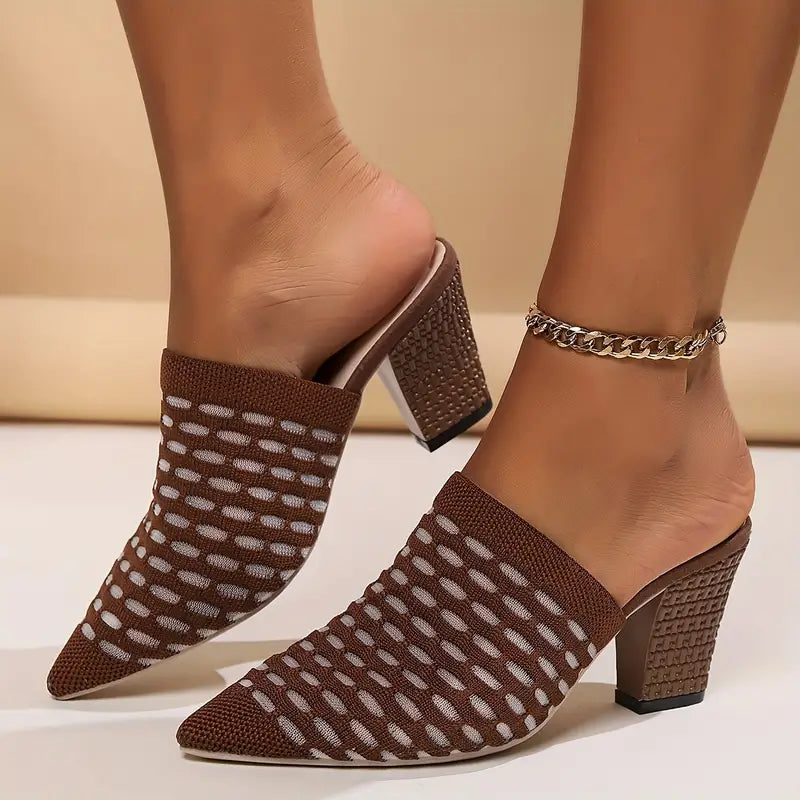 Women's Knit Heeled Mule Sandals: Chunky High Heels