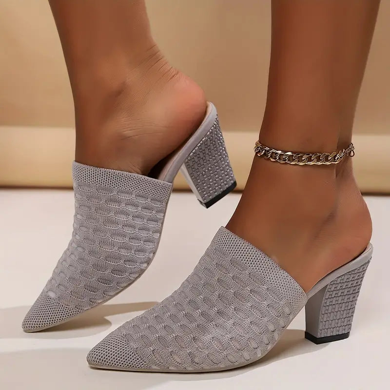 Women's Knit Heeled Mule Sandals: Chunky High Heels