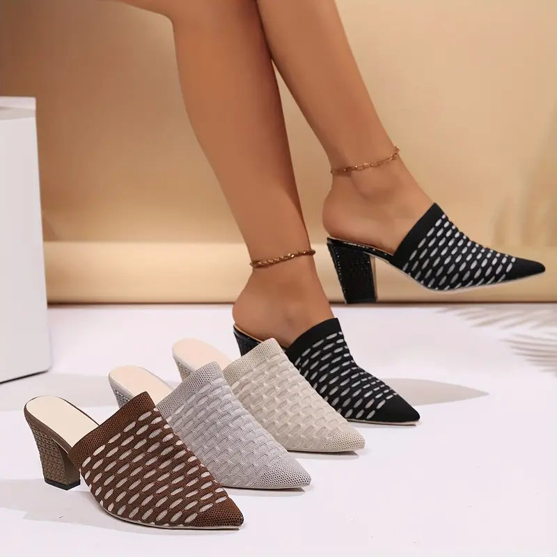 Women's Knit Heeled Mule Sandals: Chunky High Heels