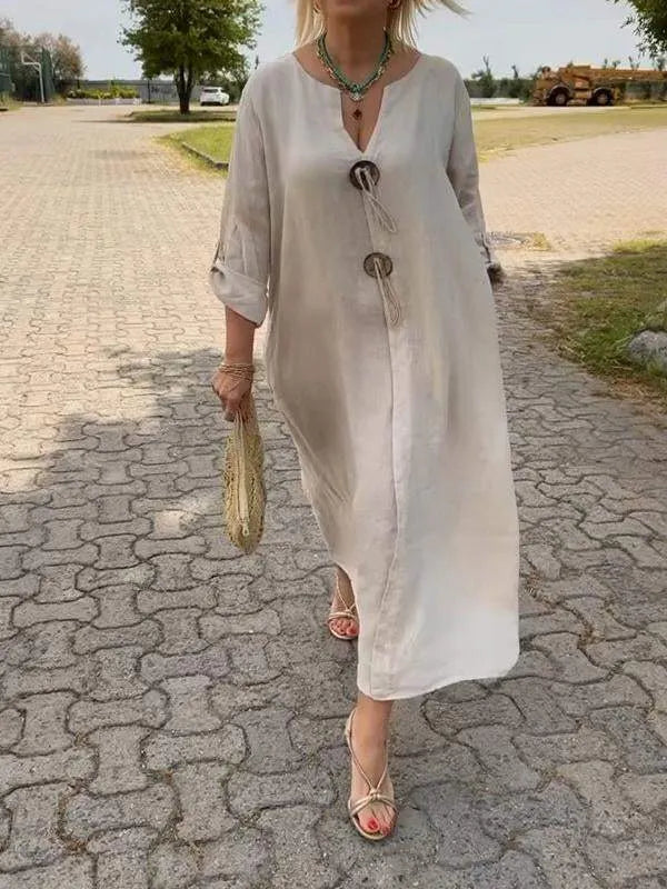 CASUAL V-NECK COTTON AND LINEN DRESS