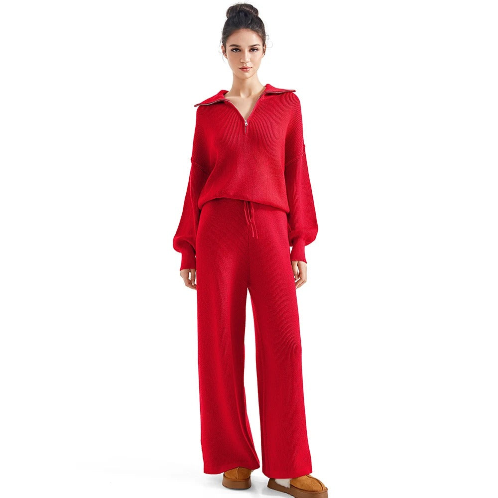 Women’s Ribbed Half-Zip Wide-Leg Knit Lounge Set
