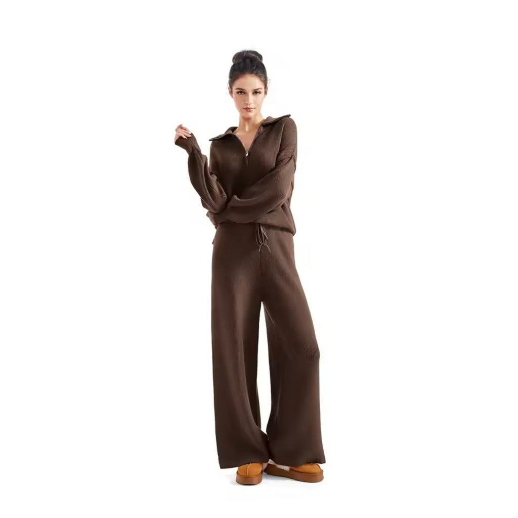 Women’s Ribbed Half-Zip Wide-Leg Knit Lounge Set