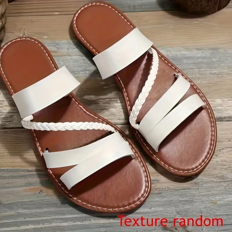 Women's Braided Flat Slide Sandals, Non-Slip Faux Leather, Casual Beach Slides