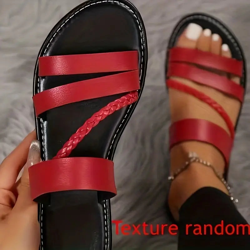 Women's Braided Flat Slide Sandals, Non-Slip Faux Leather, Casual Beach Slides