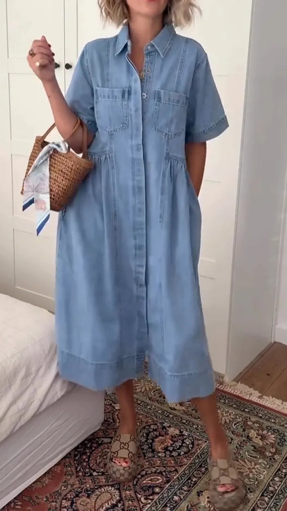 Women’s Lapel-Collar Relaxed-Fit Denim Shirt Dress
