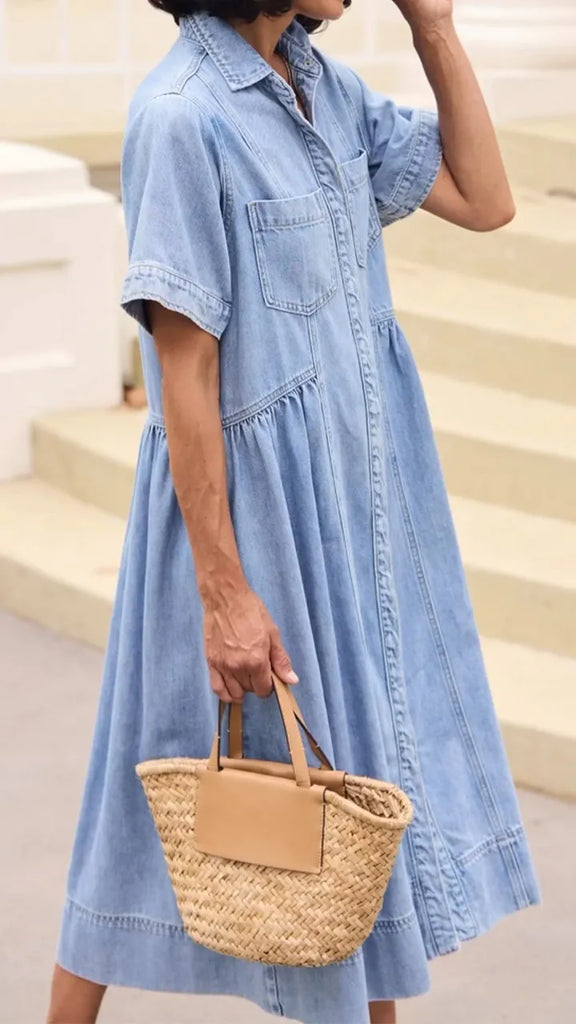 Women’s Lapel-Collar Relaxed-Fit Denim Shirt Dress