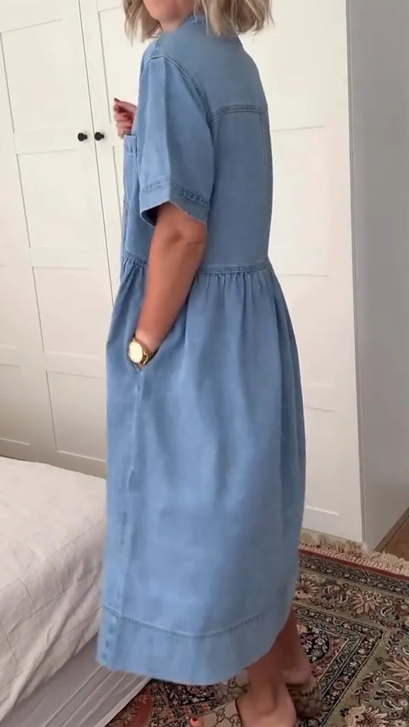 Women’s Lapel-Collar Relaxed-Fit Denim Shirt Dress