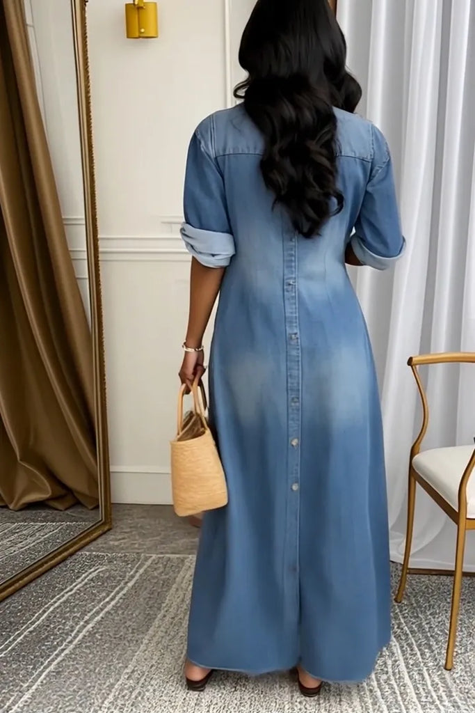 Women’s Washed Panelled Denim Shirt Dress with Lapel Collar and Pockets