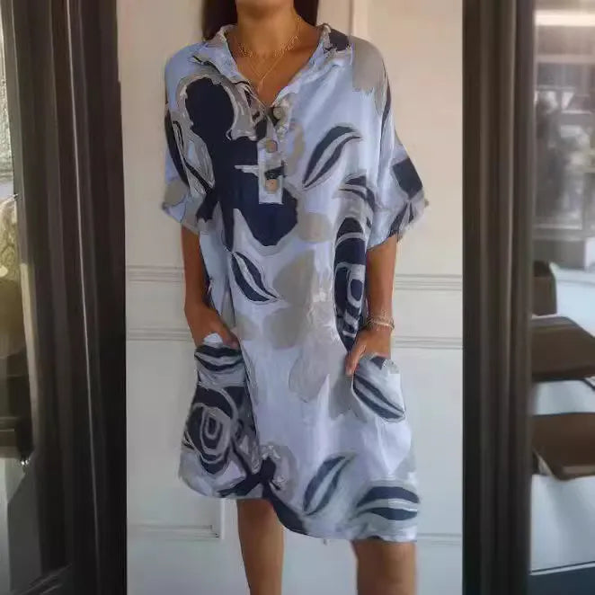 Linen-Feel Printed Summer Dress