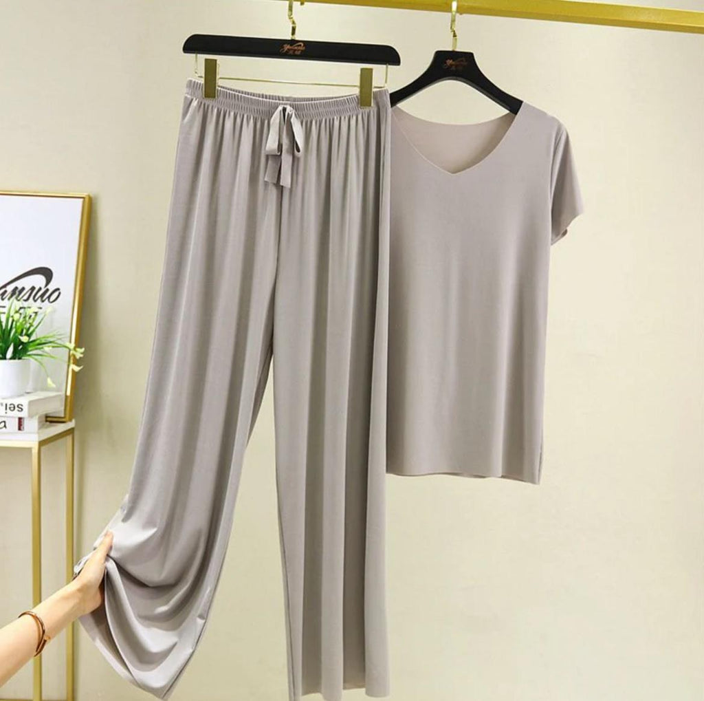 Soft Ice Silk Tee & Wide-Leg Pants Set