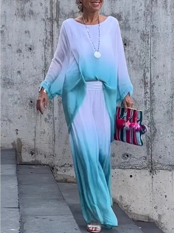 Loose Gradient Sleeve Trousers Chiffon Two Piece Sets