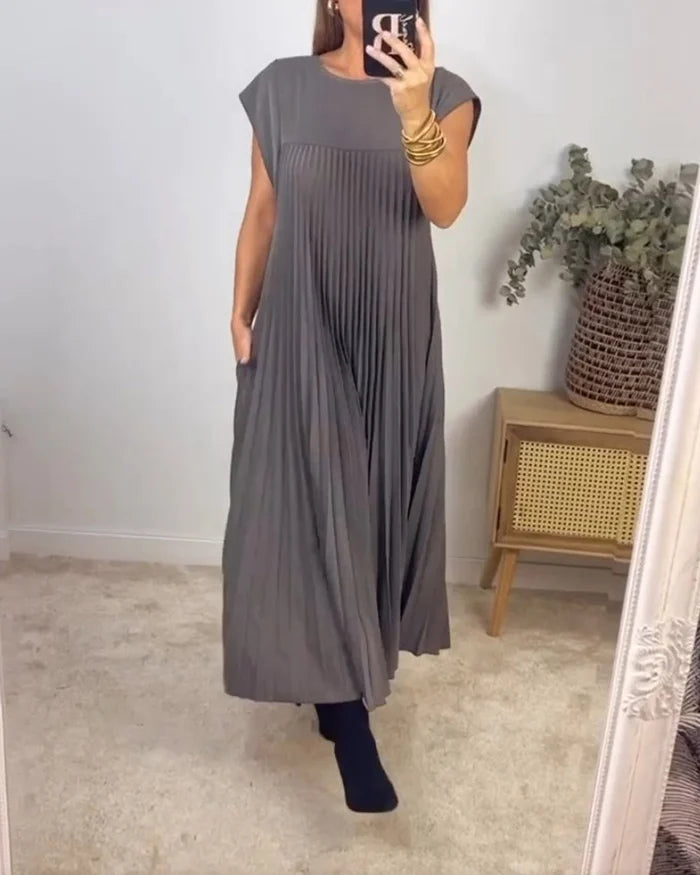 Women Pleated Simple Solid Color Dress