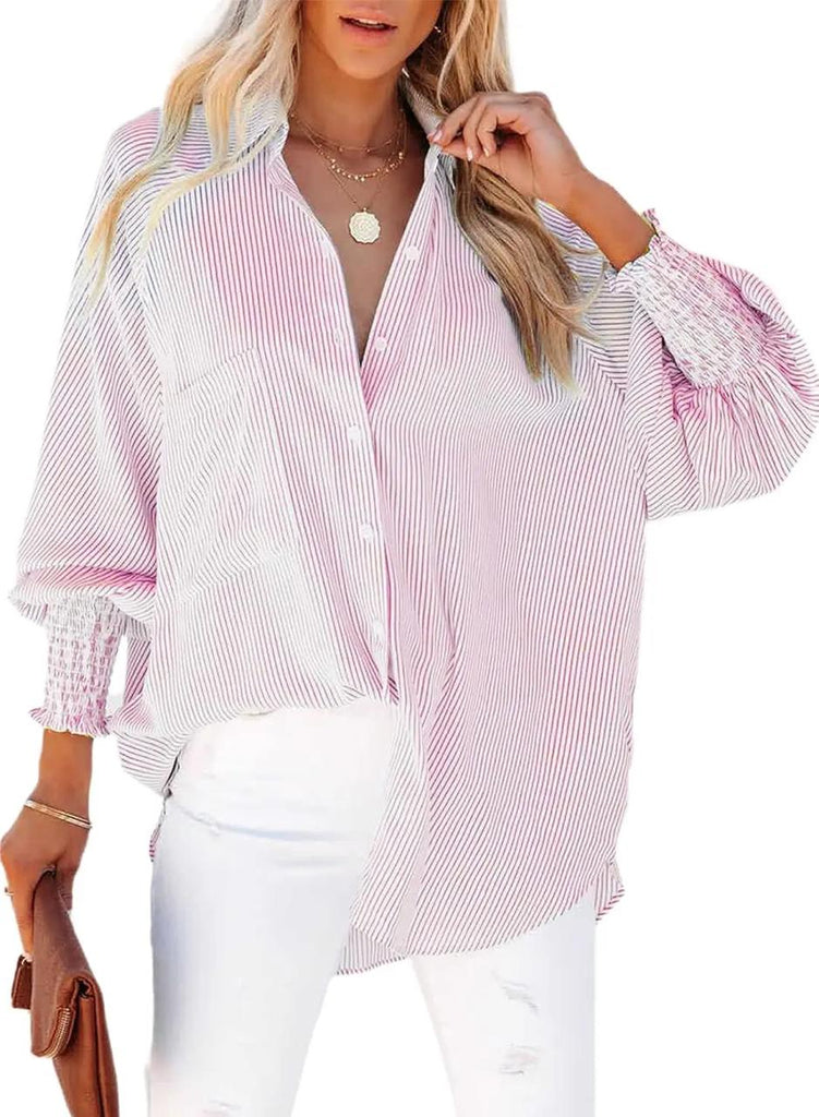 Women's Smocked Striped Boyfriend Shirt with Pocket