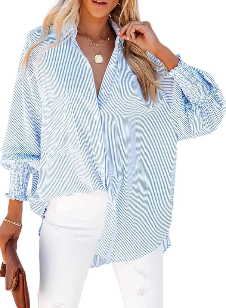 Women's Smocked Striped Boyfriend Shirt with Pocket