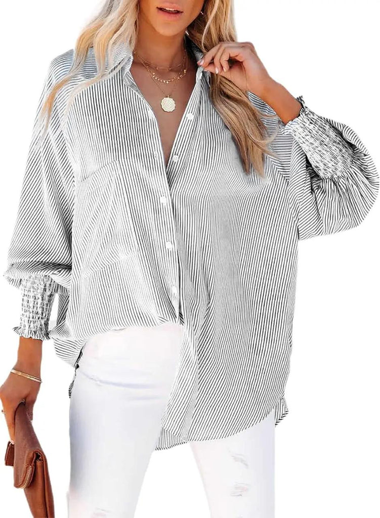 Women's Smocked Striped Boyfriend Shirt with Pocket