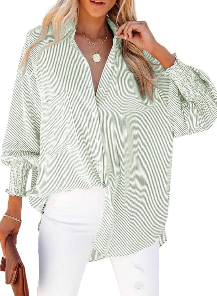 Women's Smocked Striped Boyfriend Shirt with Pocket