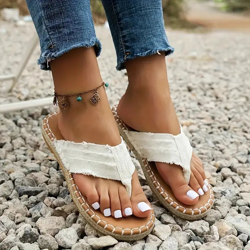 Women's Denim Frayed Flip Flops, Hemp Rope Sandals, Canvas Thong Shoes