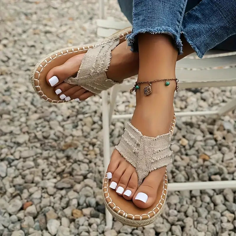 Women's Denim Frayed Flip Flops, Hemp Rope Sandals, Canvas Thong Shoes