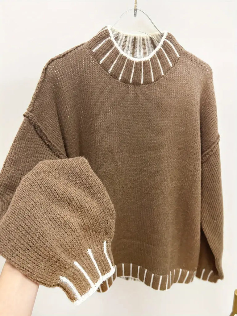 Elegant Color Block Oversized Sweater - Women's Drop Shoulder Pullover