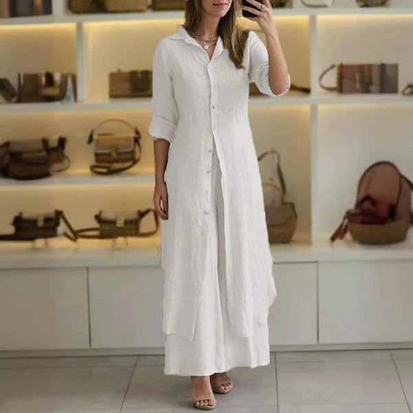 Slim Waist Long Shirt Wide Leg Pants Set