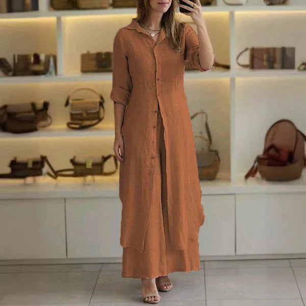 Slim Waist Long Shirt Wide Leg Pants Set