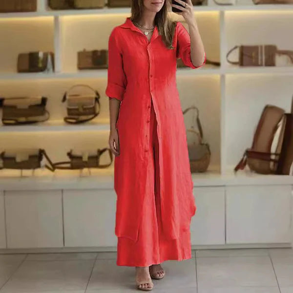 Slim Waist Long Shirt Wide Leg Pants Set