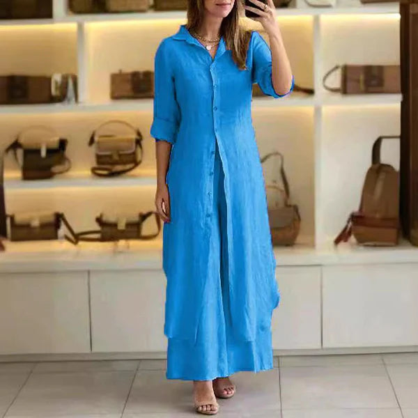 Slim Waist Long Shirt Wide Leg Pants Set