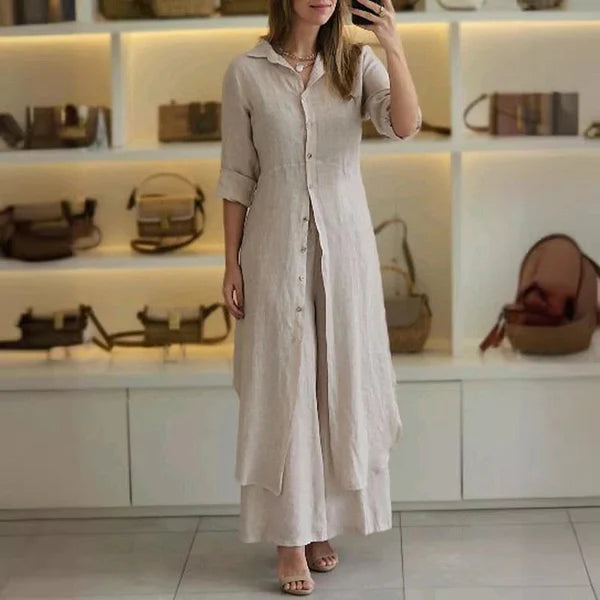 Slim Waist Long Shirt Wide Leg Pants Set