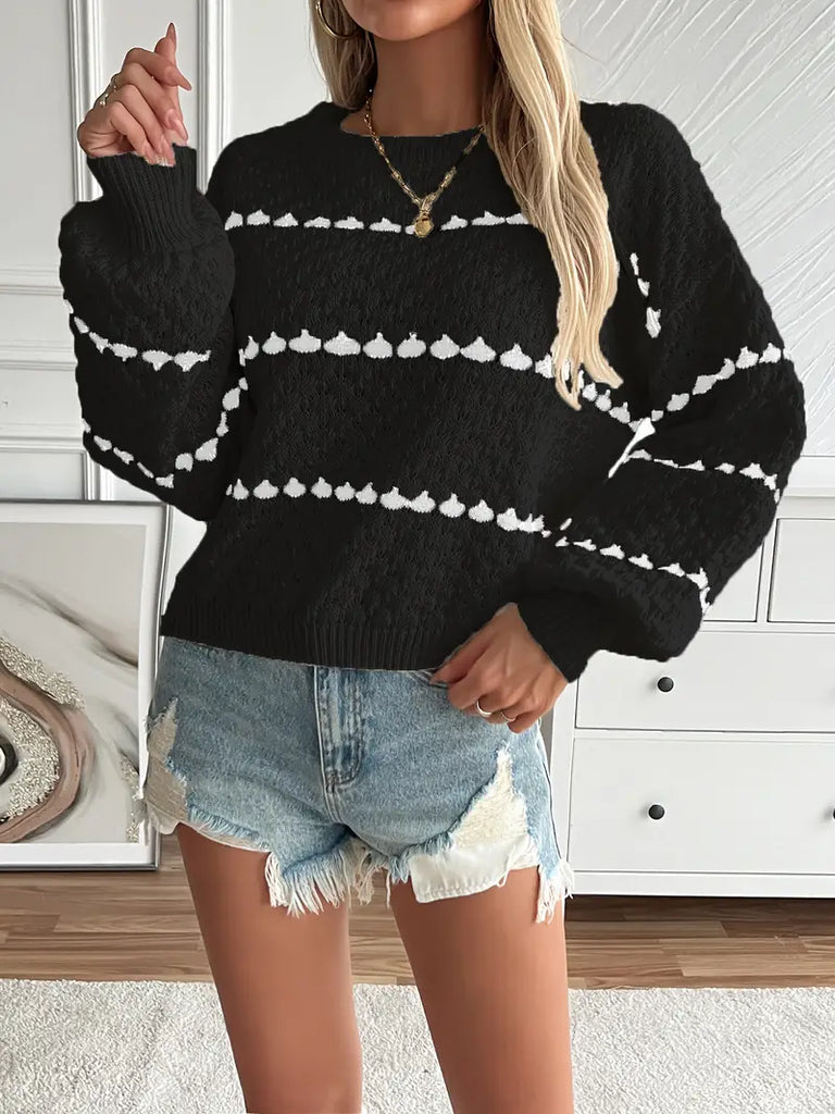 Elegant Geometric Knit Sweater for Women - Crew Neck, Semi-Sheer