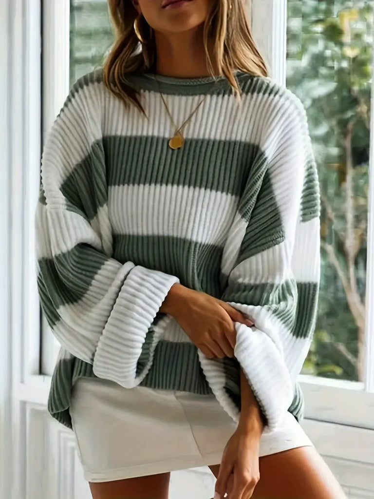 Women's Striped Crew Neck Pullover - Casual Long Sleeve Knit Sweater