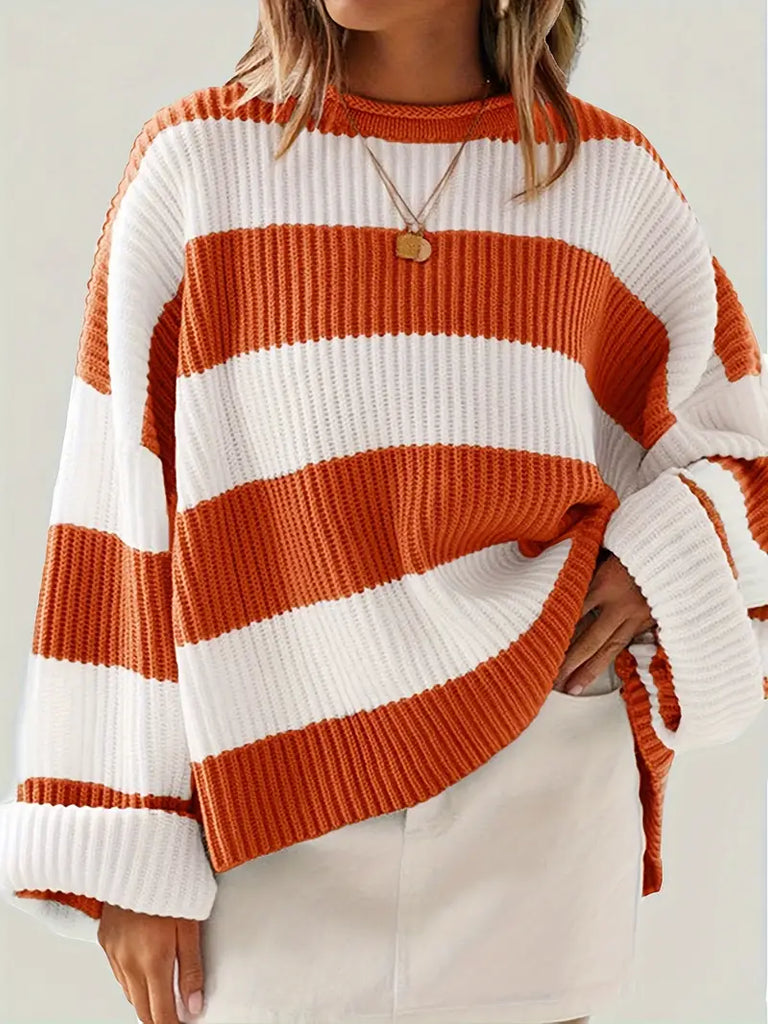 Women's Striped Crew Neck Pullover - Casual Long Sleeve Knit Sweater