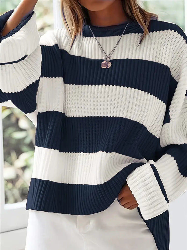 Women's Striped Crew Neck Pullover - Casual Long Sleeve Knit Sweater