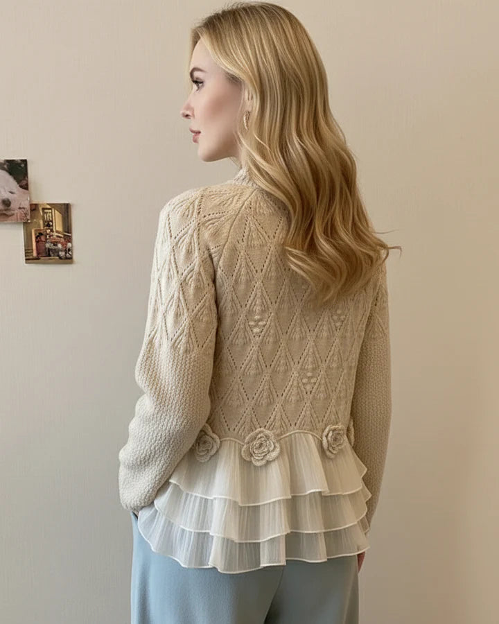 Women’s Ruffle Trim Knit Sweater with Chiffon Layers