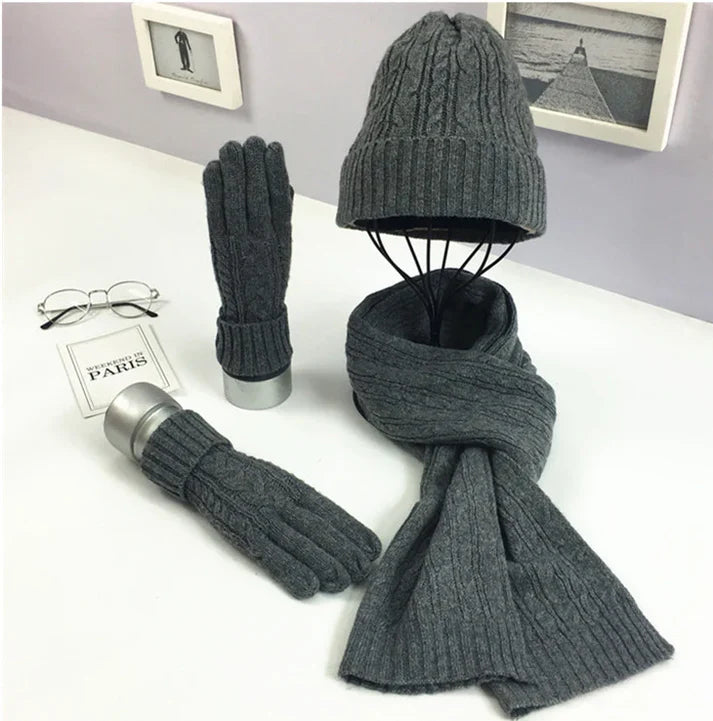 Wool-Blend Classic Knit Hat, Scarf & Gloves Winter Set