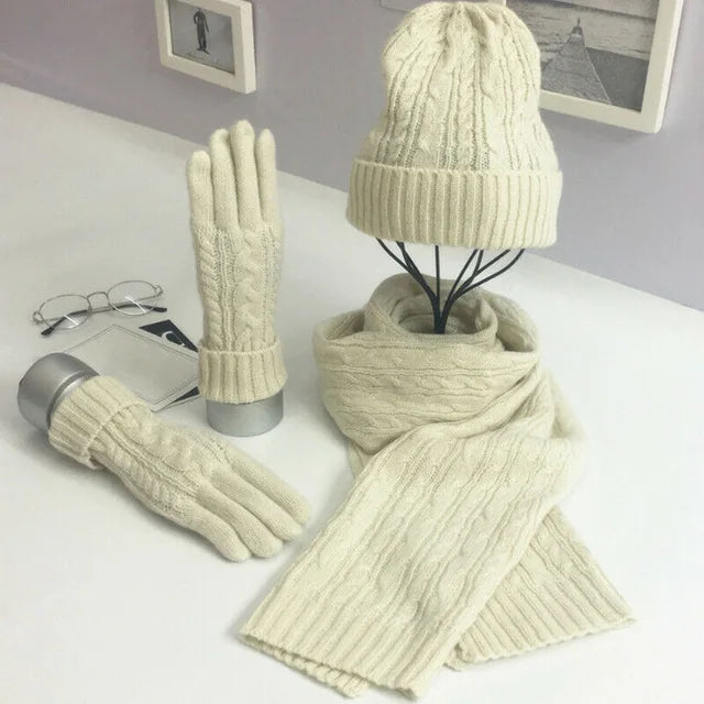 Wool-Blend Classic Knit Hat, Scarf & Gloves Winter Set