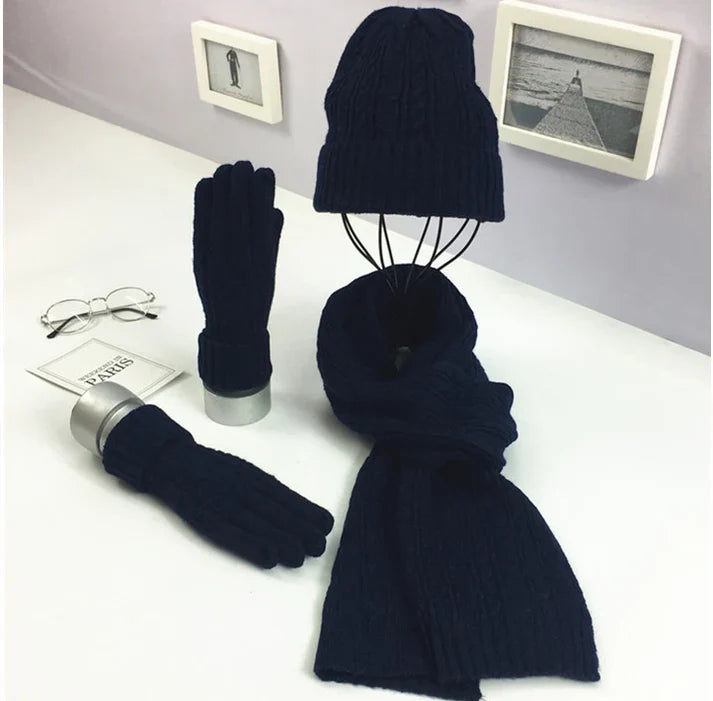 Wool-Blend Classic Knit Hat, Scarf & Gloves Winter Set